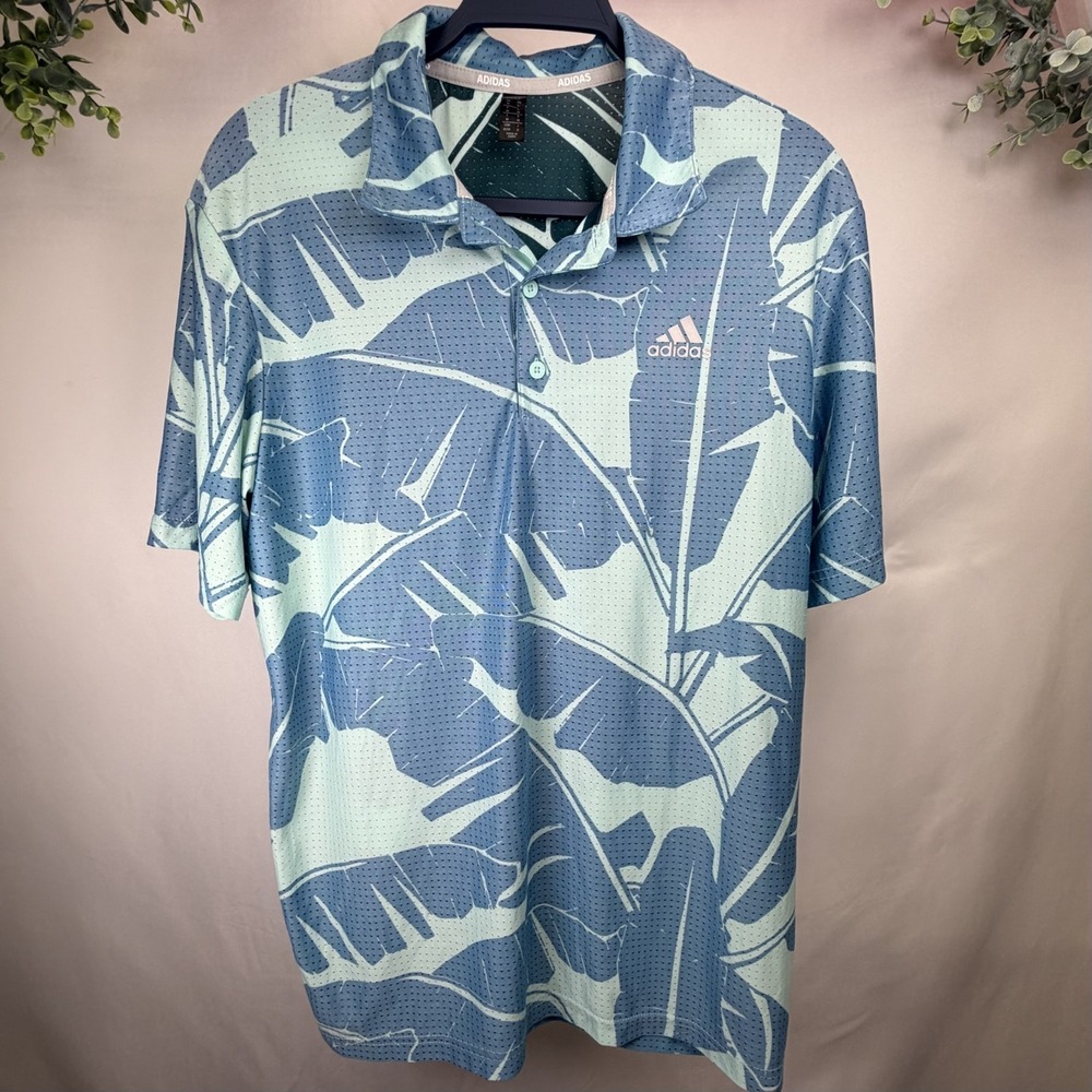 Adidas Golf Palm Print Men's Collared Short Sleevr Shirt Size M Blue Button